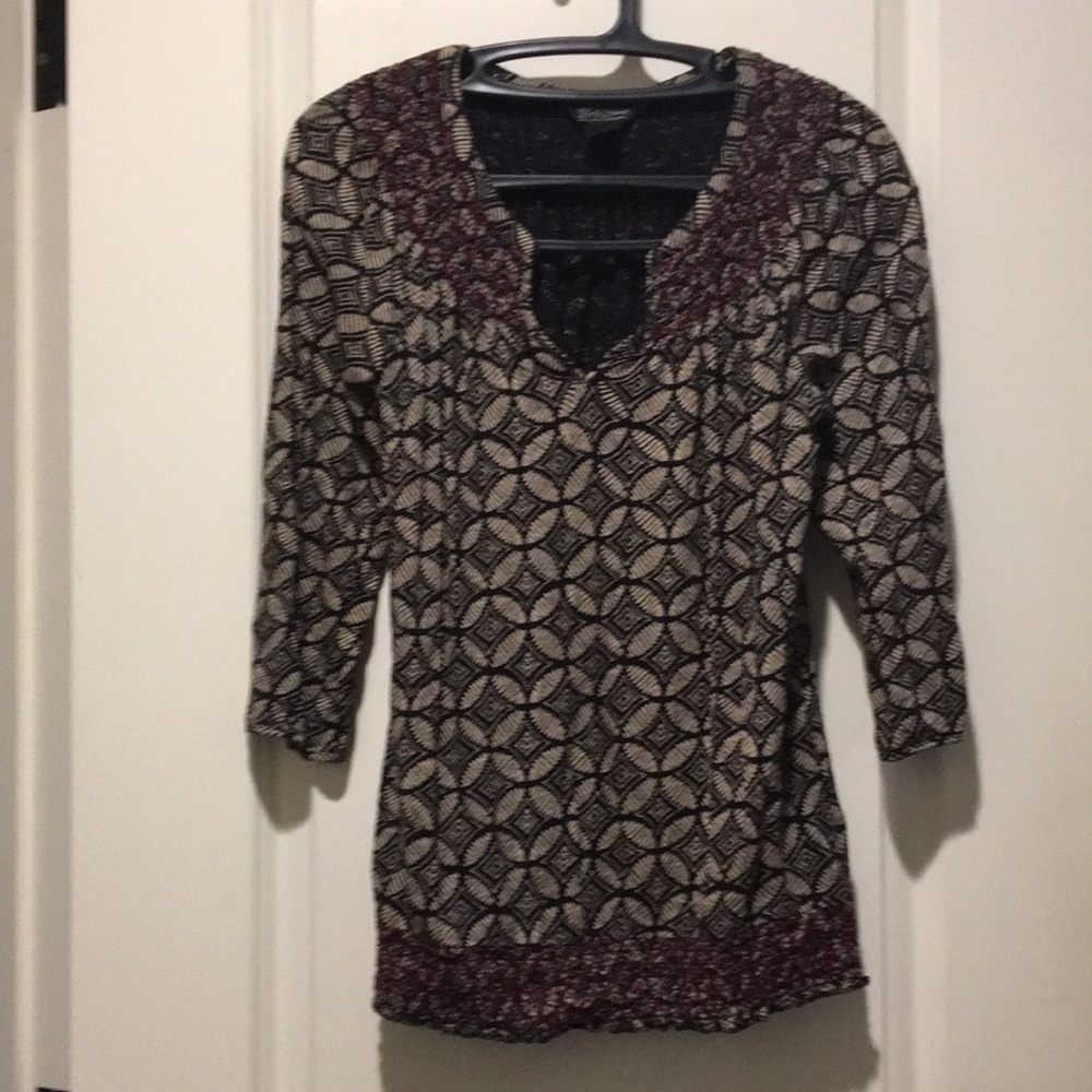 Lucky Brand women Geometric Print embroider pullover Top Blouse 3/4 sleeves L